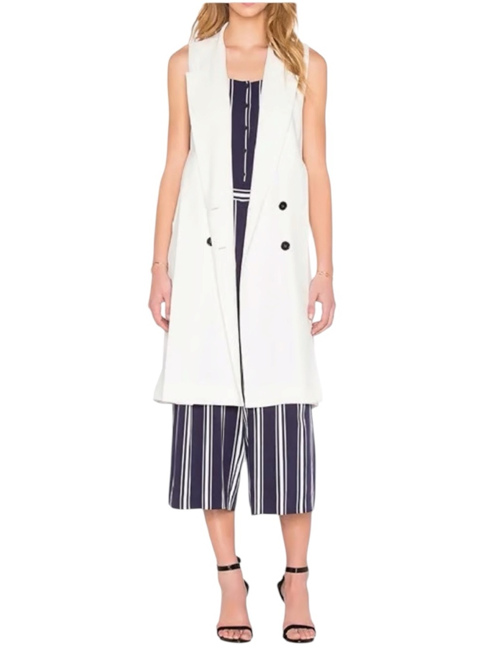 1. State Sleeveless Long White Blazer Vest